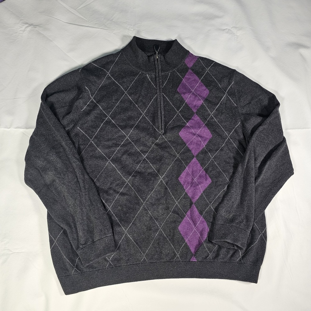 Walter Hagen Golf Sweater‎ Mens XXL Gray Purple Argyle 1/4 Zip Pullover Cotton